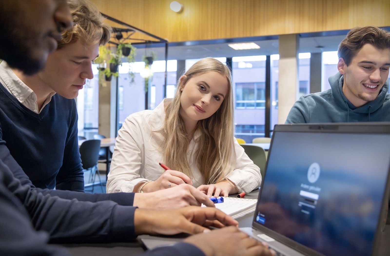 Drie studenten van de opleiding Ondernemer Webwinkel strateeg van De Rooi Pannen Tilburg Handel & Ondernemen werken samen achter hun laptops