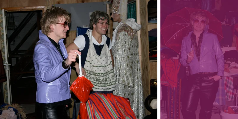 Twee studenten zijn verkleed voor een theaterproject voor hun opleiding toerisme mbo