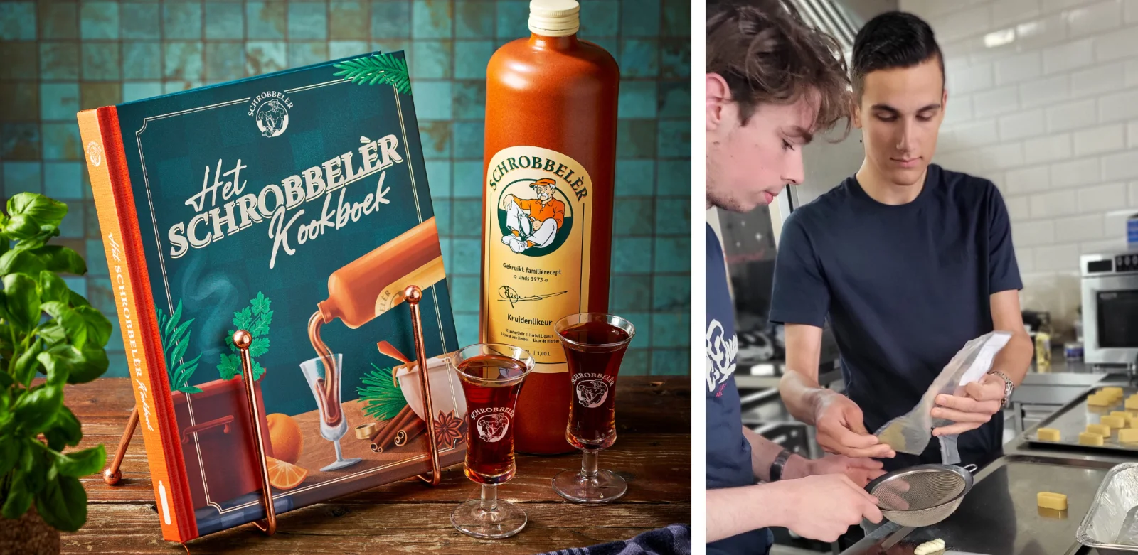 Sfeerfoto van de omslag van het kookboek met een fles Schrobbelér. Rechts foto van de twee horeca-studenten aan het werk in de keuken.