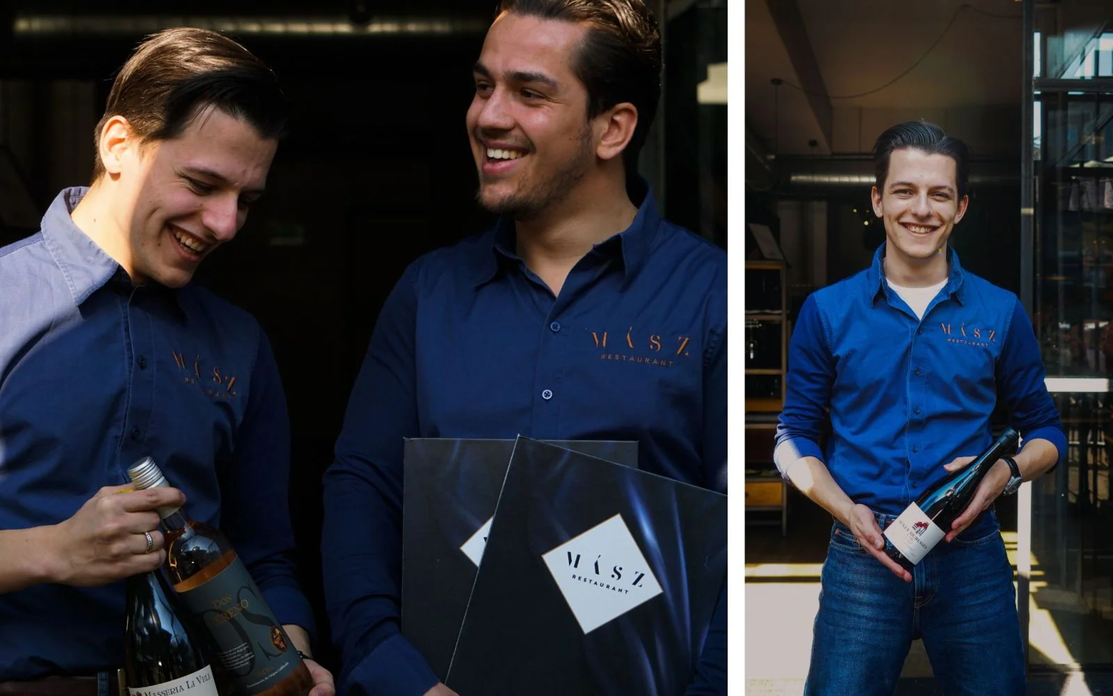 Twee foto's van mhbo-student Rens aan het werk met een fles wijn in zijn hand.