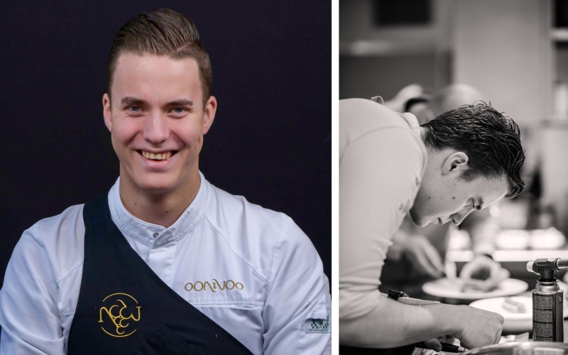 Twee foto's van Frank met links een portretfoto en rechts een foto van hem aan het werk als kok.