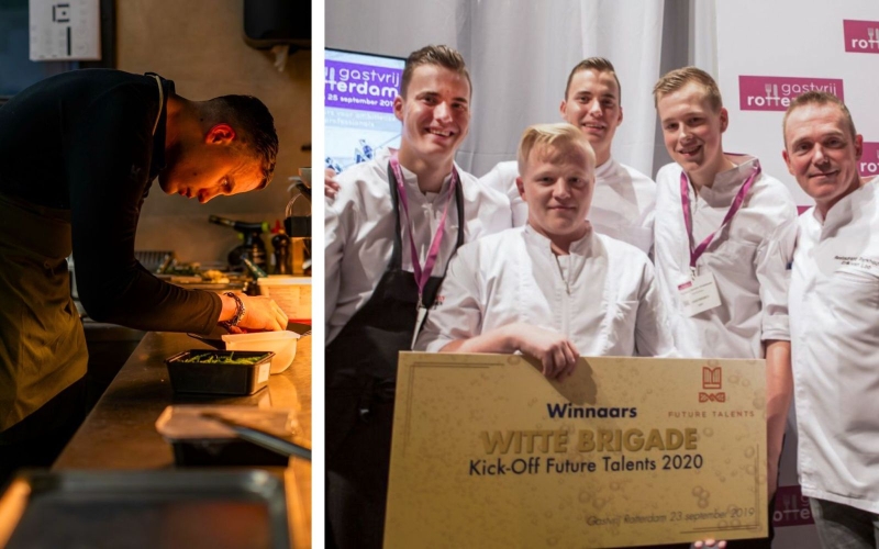 Twee foto's van Ron met links een beeld waar hij aan het werk is als kok en rechts een groep studenten die poseren met hun gewonnen prijs voor een kookwedstrijd.