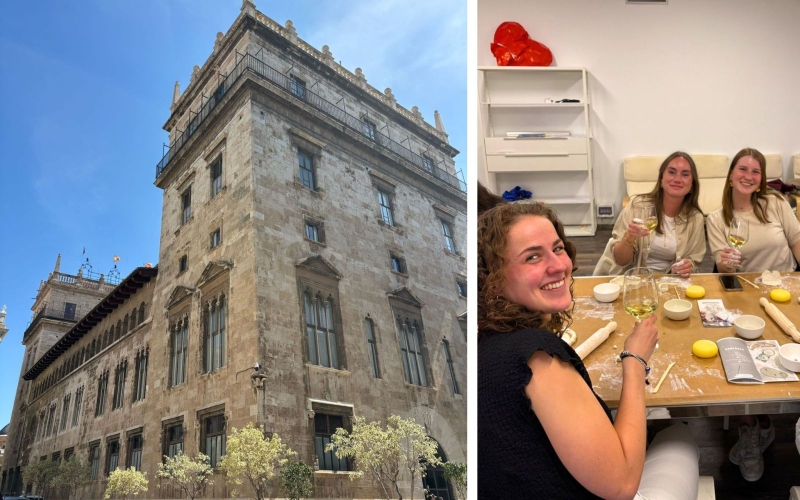 Twee foto's naast elkaar met links een gebouw in Valencia en rechts een groepsfoto van Renske met haar 2 huisgenootjes.