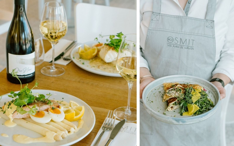 Twee foto's naast elkaar van verschillende gerechten in restaurant Smit Vis aan de Haven.