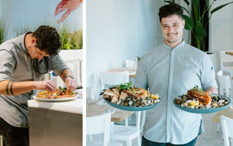 Twee foto's naast elkaar van Tim in het restaurant Smit Vis aan de Haven.