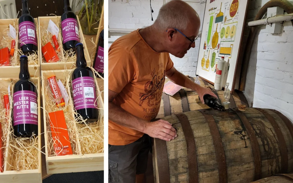 Wim Kint naast een houten biervat.