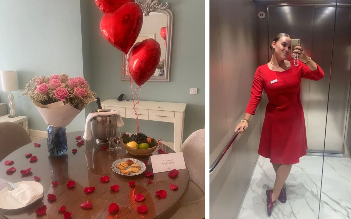 Collage met twee foto's: links een decoratie op de kamer van een gast en rechts Amber in haar rode werkoutfit.