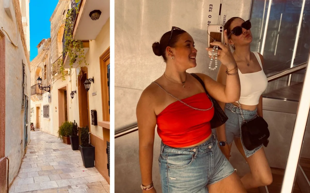 Collage met twee foto's: links een straatje op Gozo en rechts de twee klasgenoten in Valletta.