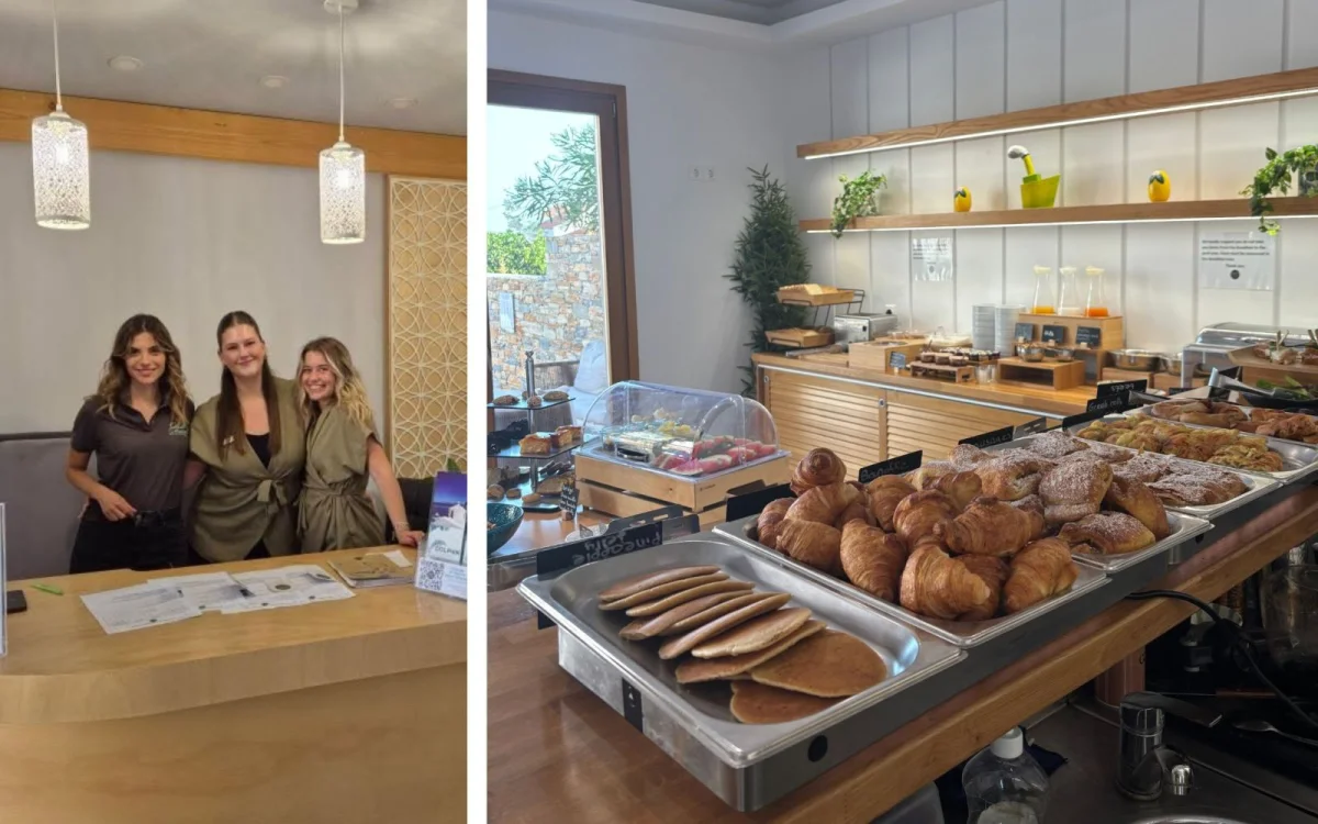 Collage met twee foto's, waarbij links drie collega's bij de receptie staan en rechts een foto van het ontbijtbuffet.