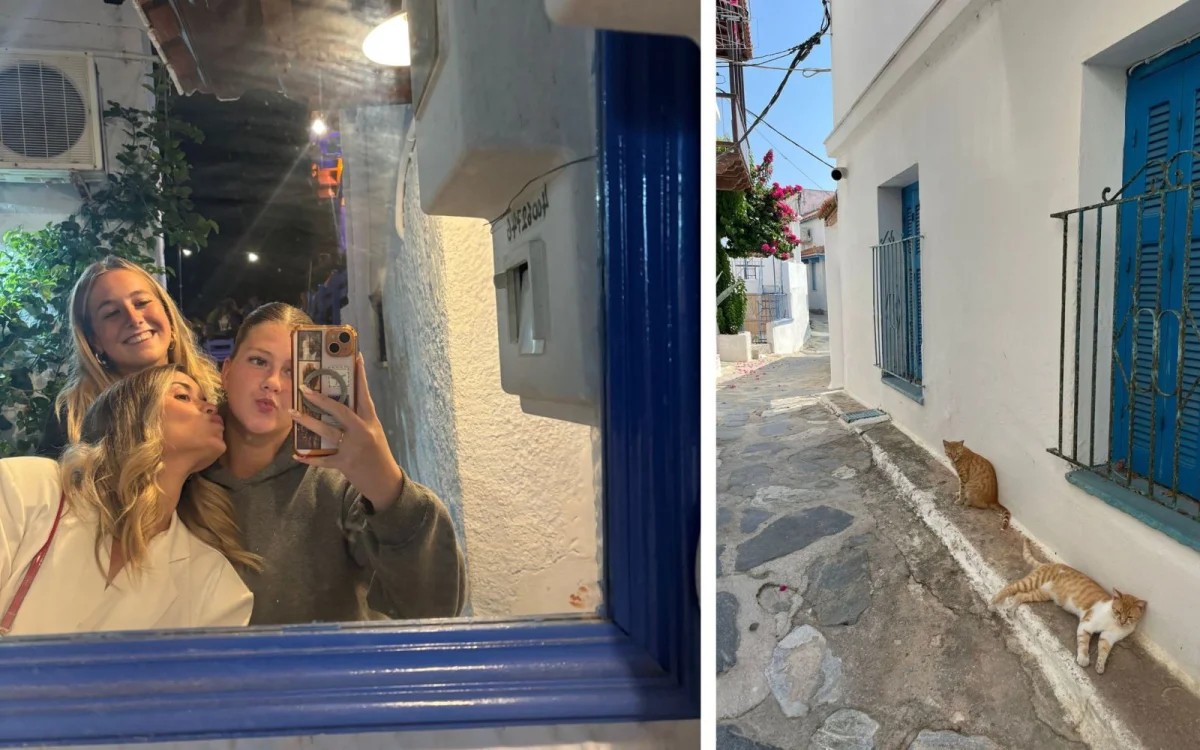Collage met twee foto's: links een selfie van Lotte met twee vriendinnen en rechts een sfeerbeeld van Skopelos met twee katten.