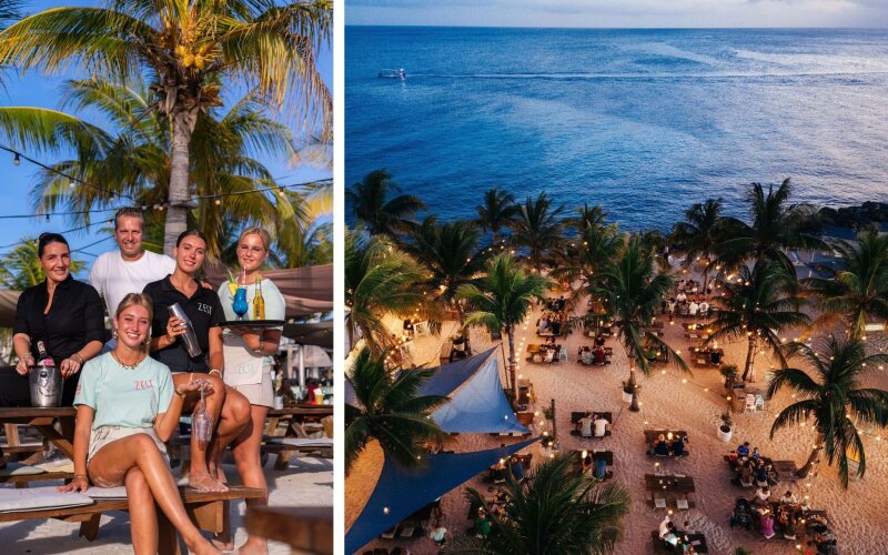 Collage met twee sfeerfoto's van de stage op Curaçao: links een teamfoto op het tropische buitenterras en rechts een foto van het strand van bovenaf.