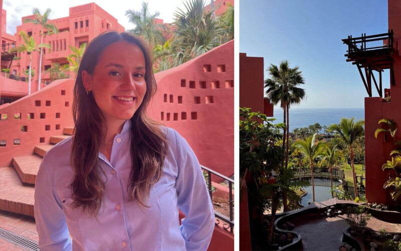 Twee afbeeldingen naast elkaar met links Lisanne in het indrukwekkende Ritz-Carlton Abama en rechts een beeld van het hotel wat uitkijkt op de zee.