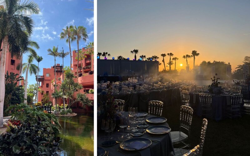 Twee afbeeldingen naast elkaar van het indrukwekkende rode gebouw en zonsondergang bij het zwembad.