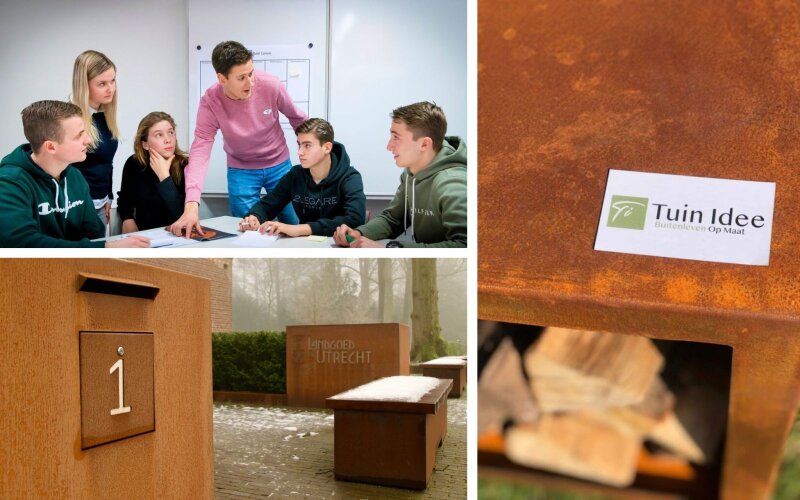 Foto collage met foto's van visitekaartje en Bram en Jasper met leraar