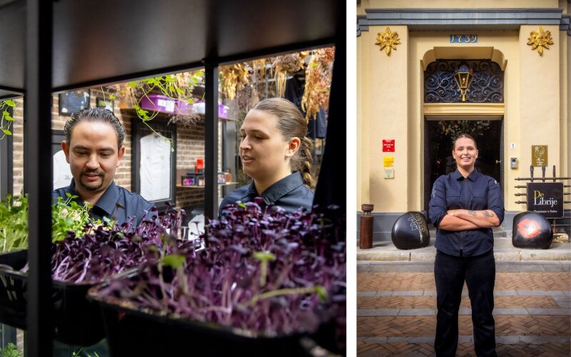 Twee foto's van Isabelle naast elkaar: links samen met Nelson met verse kruiden op de voorgrond en rechts een portretfoto voor de ingang.