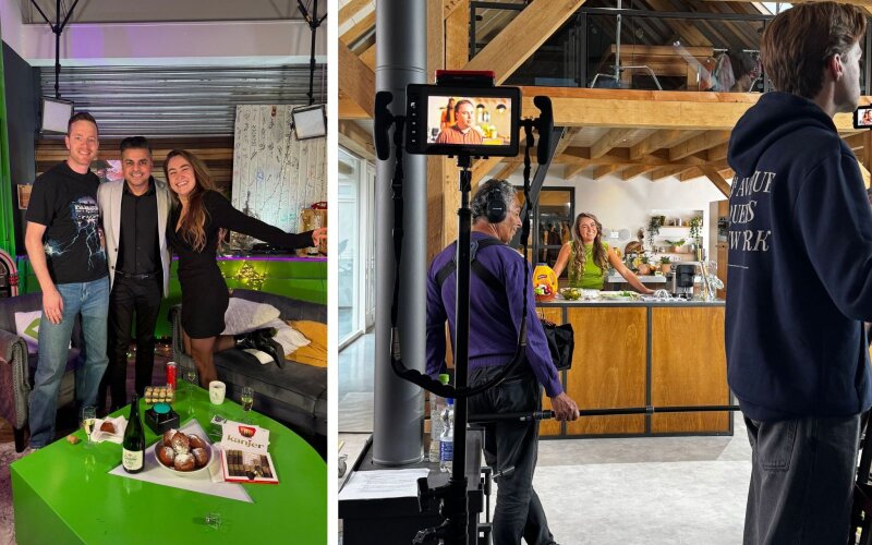 Twee foto's van Manon achter de schermen bij video-opnames in een studio.